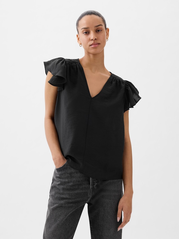 Gap Black V Neck Flutter Sleeve Blouse - Image 1 of 4
