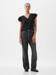 Gap Black V Neck Flutter Sleeve Blouse - Image 3 of 4