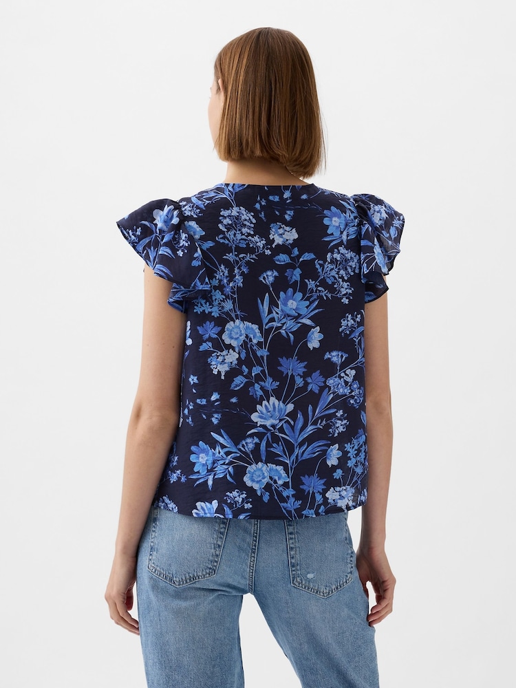 Gap Blue V Neck Flutter Sleeve Blouse - Image 2 of 5 Gap Blue V Neck Flutter Sleeve Blouse - Image 2 of 5