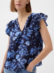Gap Blue V Neck Flutter Sleeve Blouse - Image 4 of 5