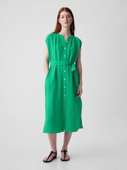 Gap Green Crinkle Cotton Belted Midi Shirt Dress - Image 1 of 4