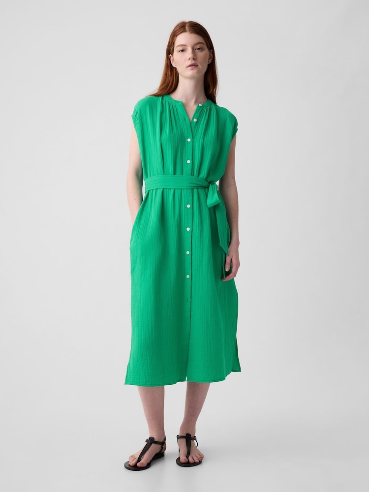 Gap Green Crinkle Cotton Belted Midi Shirt Dress - Image 1 of 4
