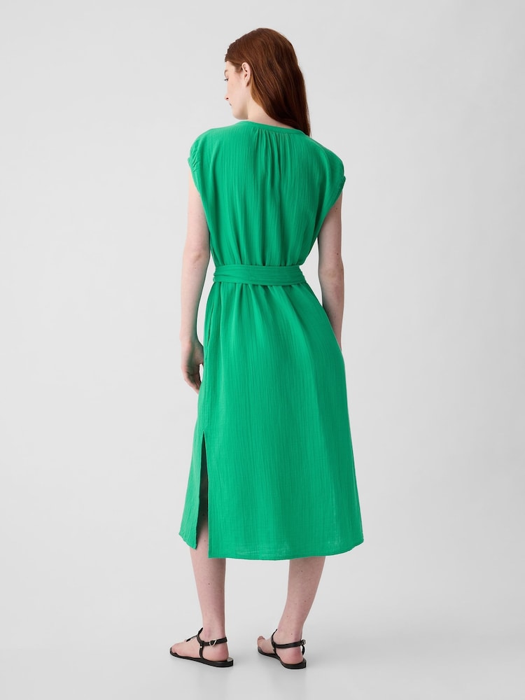 Gap Green Crinkle Cotton Belted Midi Shirt Dress - Image 2 of 4