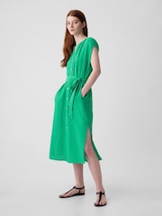Gap Green Crinkle Cotton Belted Midi Shirt Dress - Image 3 of 4
