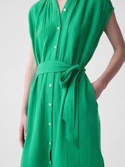 Gap Green Crinkle Cotton Belted Midi Shirt Dress - Image 4 of 4