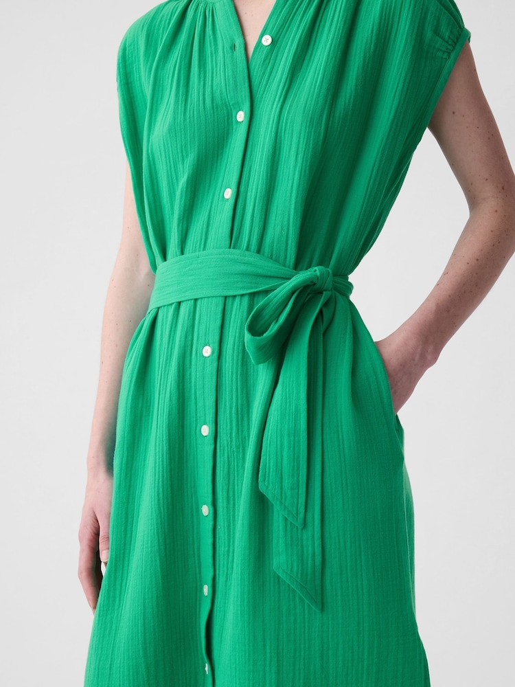 Gap Green Crinkle Cotton Belted Midi Shirt Dress - Image 4 of 4