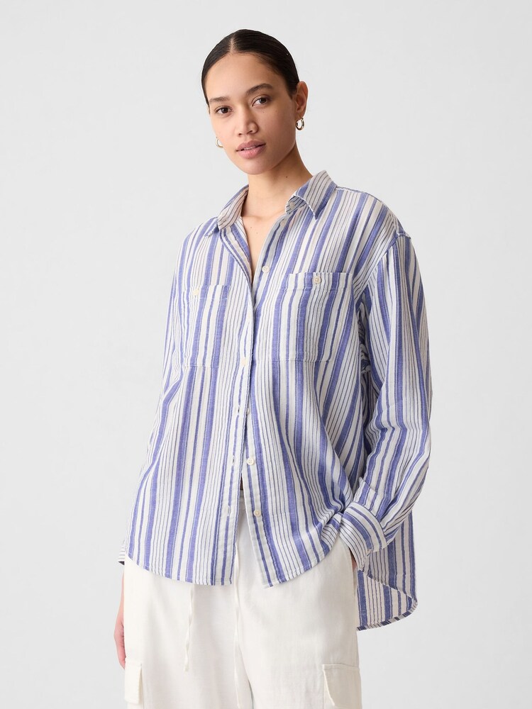 Gap Blue Crinkle Cotton Long Sleeve Oversize Shirt - Image 1 of 3