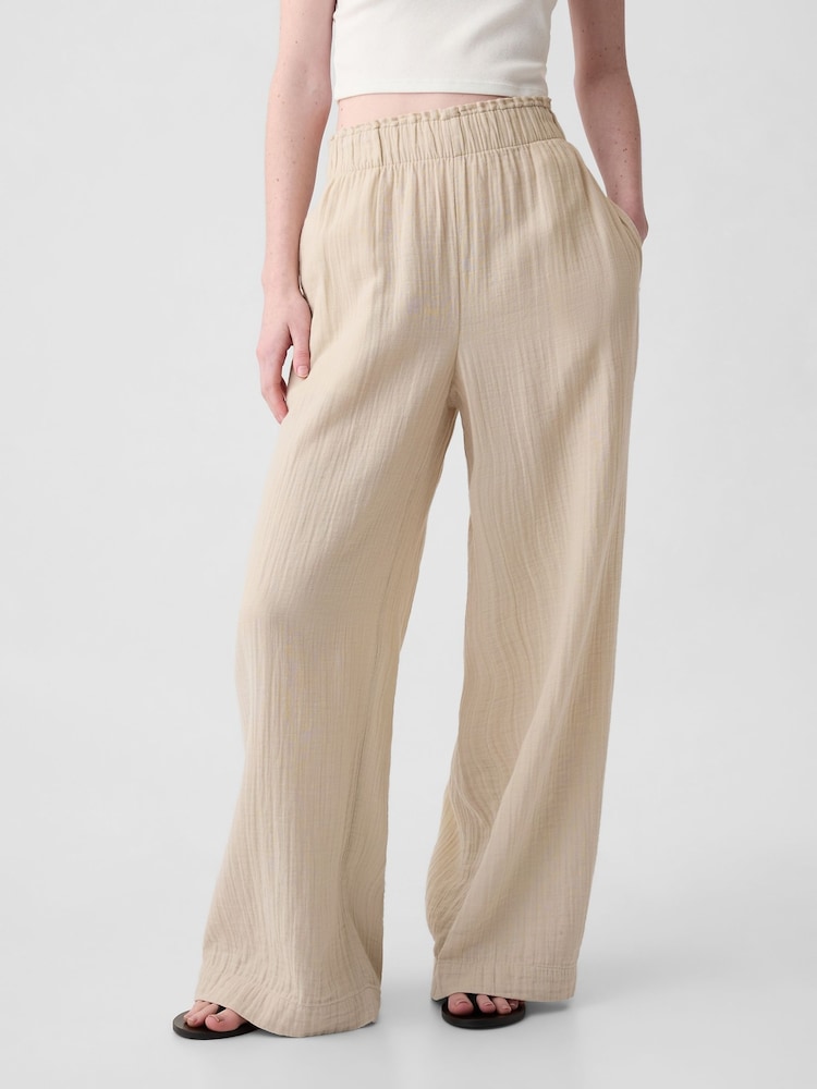 Gap Beige Crinkle Cotton Wide Leg Pull On Trouser - Image 1 of 6 Gap Beige Crinkle Cotton Wide Leg Pull On Trouser - Image 1 of 6