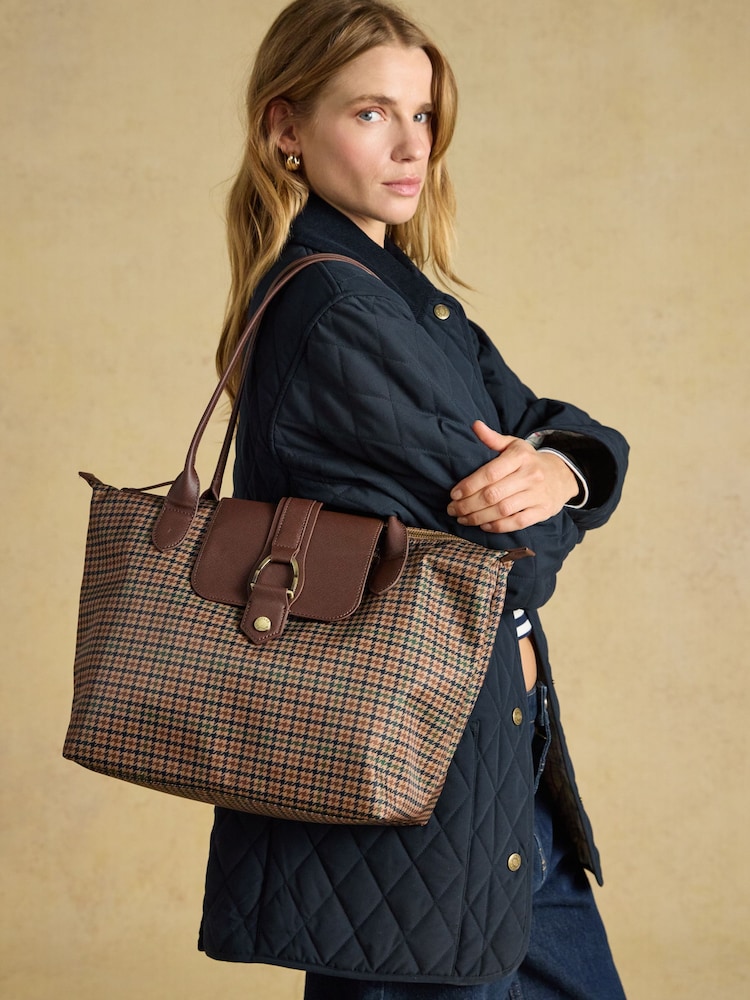 Joules Edie Neutral Check Zip Top Shopper Bag - Image 2 of 9 Joules Edie Neutral Check Zip Top Shopper Bag - Image 2 of 9