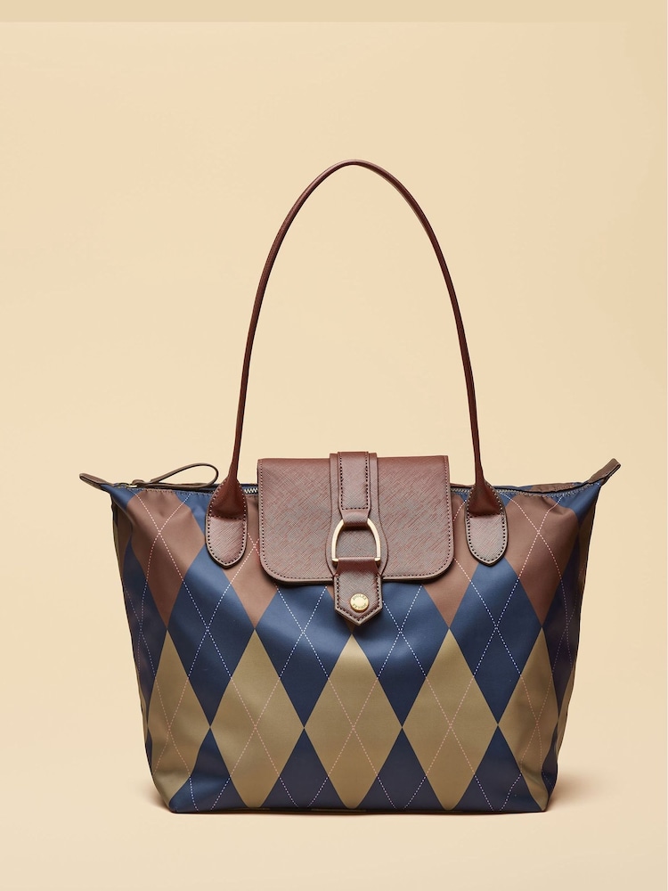 Joules Edie Navy Argyle Zip Top Shopper Bag - Image 1 of 10