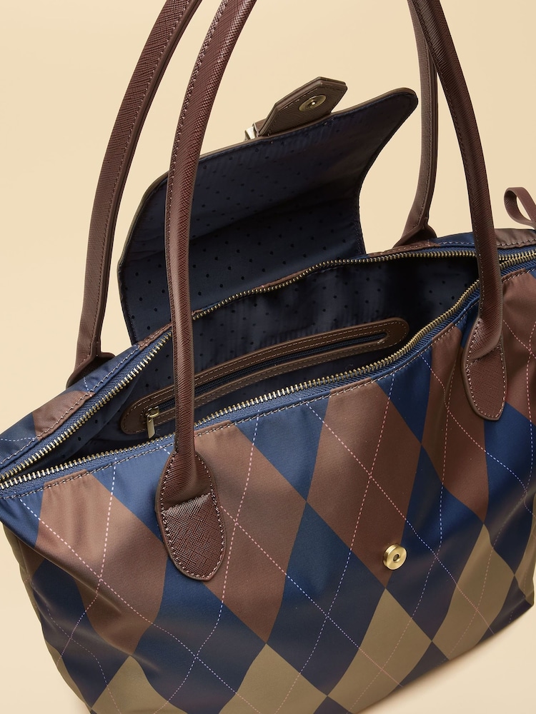 Joules Edie Navy Argyle Zip Top Shopper Bag - Image 10 of 10