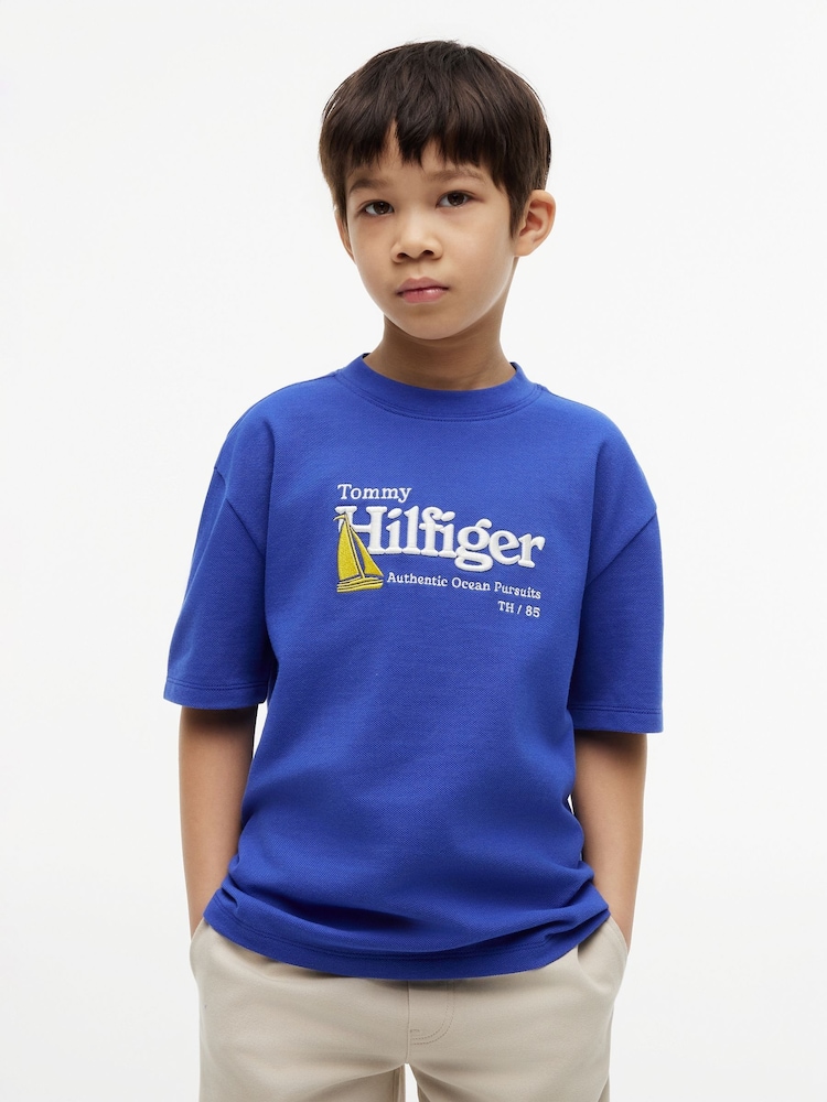 Tommy Hilfiger Blue Logo Embroidery Pique T-Shirt - Image 1 of 4 Tommy Hilfiger Blue Logo Embroidery Pique T-Shirt - Image 1 of 4