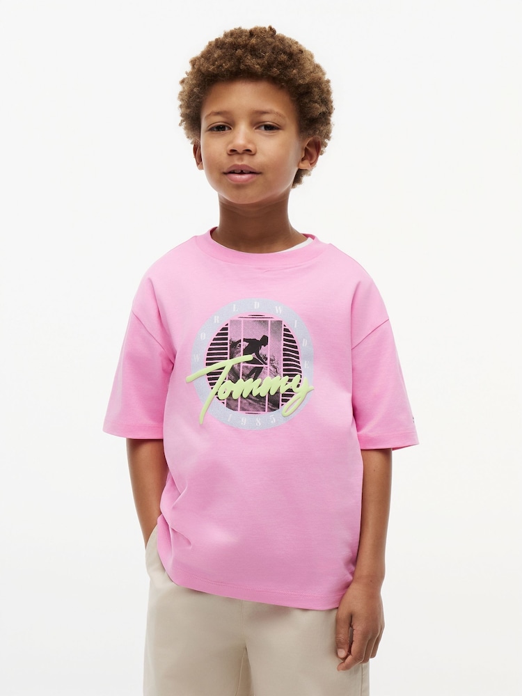 Tommy Hilfiger Pink Graphic Logo Jersey T-Shirt - Image 1 of 5