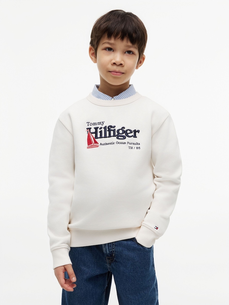 Tommy Hilfiger White Logo Interlock Pique Sweatshirt - Image 1 of 6 Tommy Hilfiger White Logo Interlock Pique Sweatshirt - Image 1 of 6
