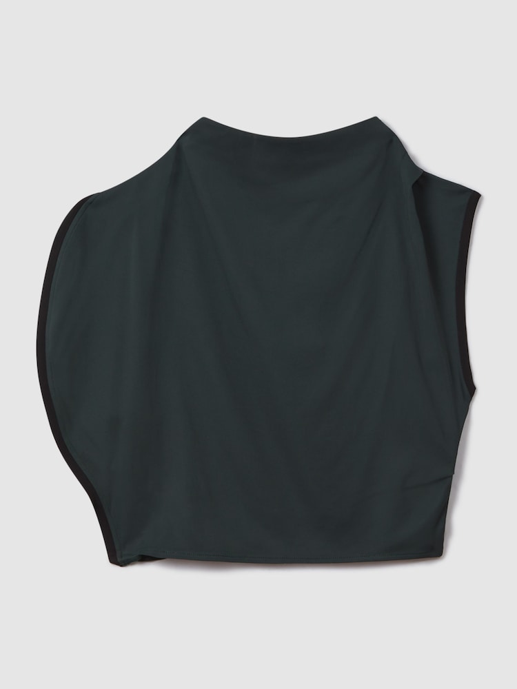 Reiss Green Sara Asymmetric Contrast Trim Cropped Top - Image 2 of 4