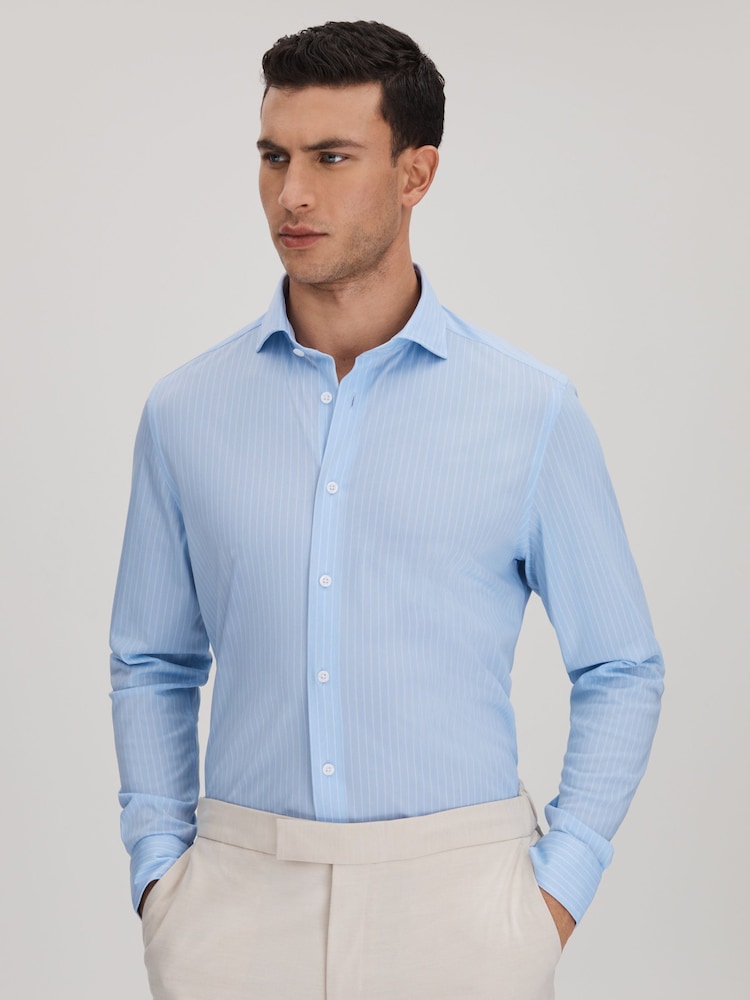 Reiss Soft Blue/White Fletcher Striped Cotton Blend Shirt - Image 1 of 6