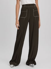 Reiss Khaki Kylie Contrast Stitch Wide Leg Trousers - Image 1 of 6