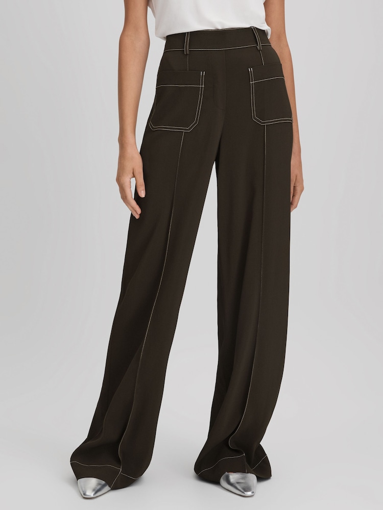 Reiss Khaki Kylie Contrast Stitch Wide Leg Trousers - Image 1 of 6