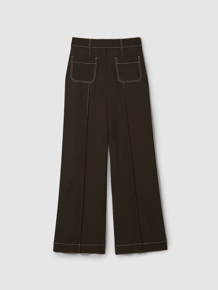 Reiss Khaki Kylie Contrast Stitch Wide Leg Trousers - Image 2 of 6
