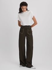 Reiss Khaki Kylie Contrast Stitch Wide Leg Trousers - Image 3 of 6