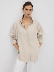 Reiss Nude Danielle Split Hem Button-Through Shirt - Image 1 of 6