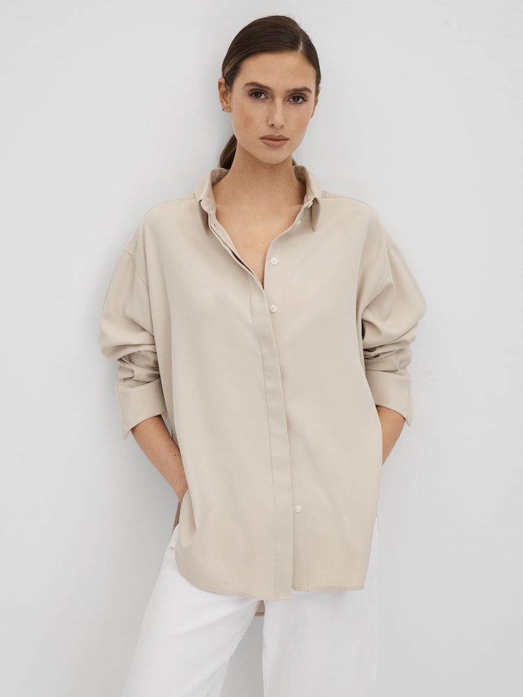Reiss Nude Danielle Split Hem Button-Through Shirt - Image 1 of 6