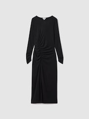 Reiss Charcoal Lana Ruched Jersey Midi Dress - Image 2 of 6