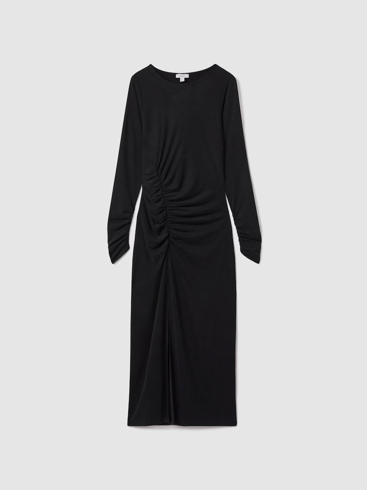Reiss Charcoal Lana Ruched Jersey Midi Dress - Image 2 of 6