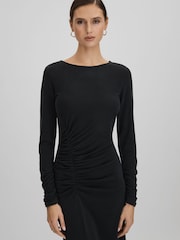 Reiss Charcoal Lana Ruched Jersey Midi Dress - Image 3 of 6