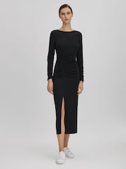 Reiss Charcoal Lana Ruched Jersey Midi Dress - Image 5 of 6