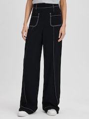Reiss Black Kylie Petite Contrast Stitch Wide Leg Trousers - Image 1 of 6