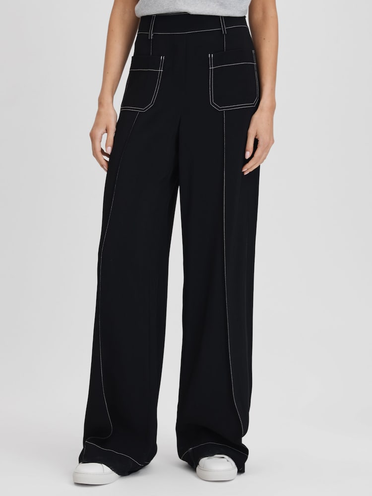 Reiss Black Kylie Petite Contrast Stitch Wide Leg Trousers - Image 1 of 6