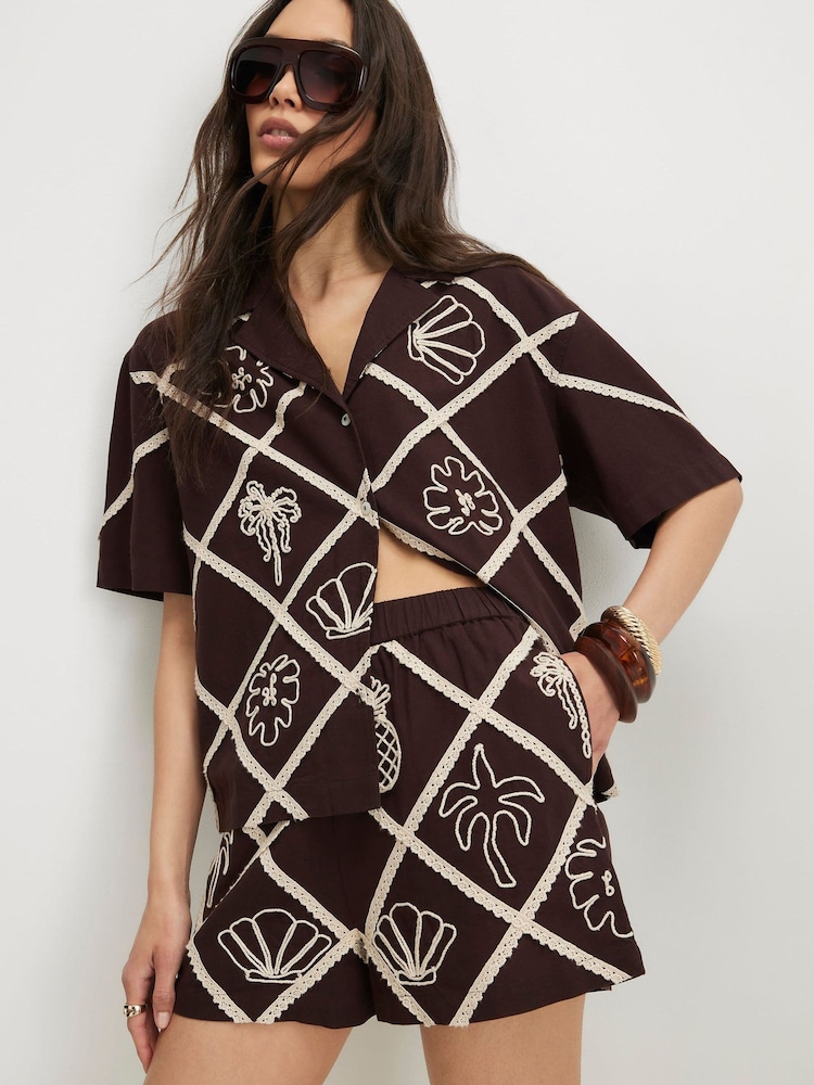 River Island Brown Embroidered Motif Shorts - Image 1 of 4