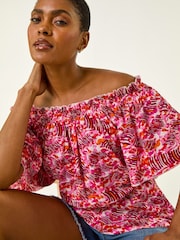 Roman Pink Abstract Print Bardot Top - Image 1 of 5