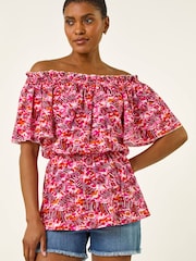 Roman Pink Abstract Print Bardot Top - Image 4 of 5