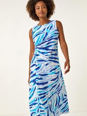 Roman Blue Abstract Side Pleat Midi Dress - Image 1 of 5