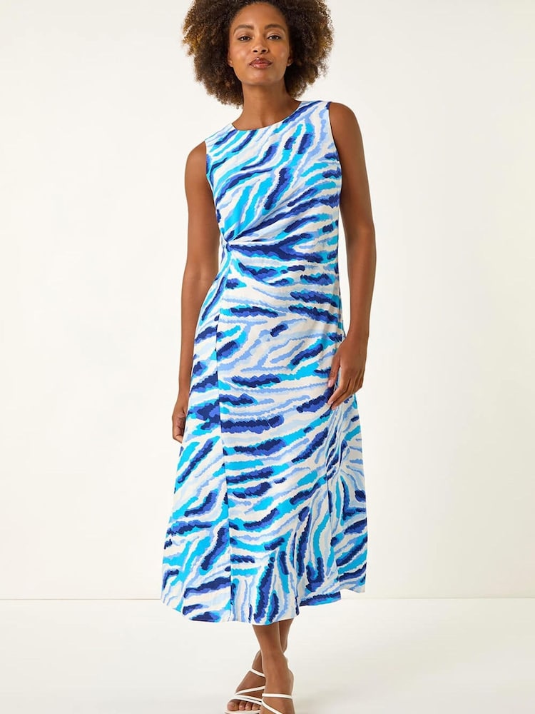 Roman Blue Abstract Side Pleat Midi Dress - Image 2 of 5