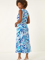 Roman Blue Abstract Side Pleat Midi Dress - Image 3 of 5