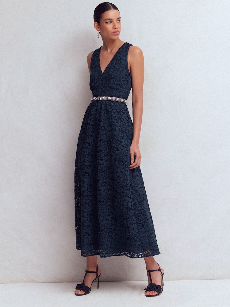 Boden Blue Lace Plunge Neck Panel Dress - Image 1 of 6 Boden Blue Lace Plunge Neck Panel Dress - Image 1 of 6
