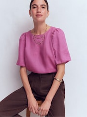 Boden Purple Linen Puff Sleeve Top - Image 1 of 5