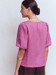 Boden Purple Linen Puff Sleeve Top - Image 3 of 5