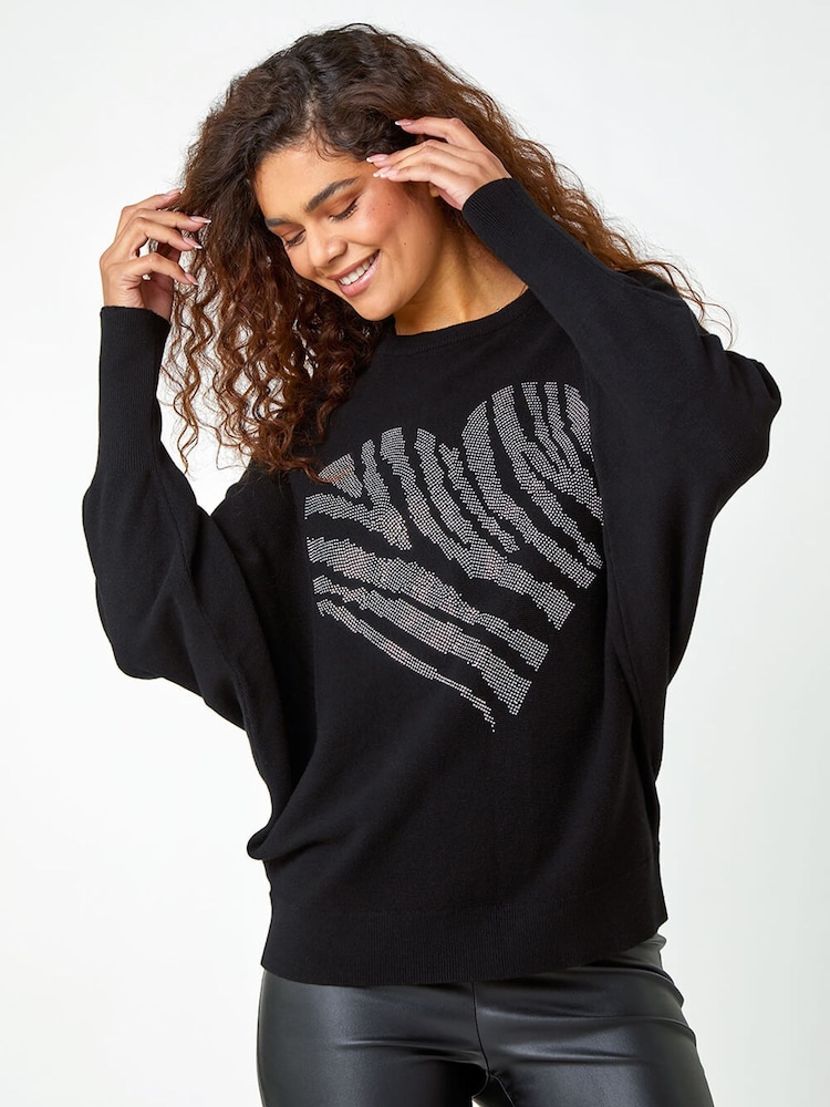 Roman Black Foil Heart Animal Print Batwing Jumper - Image 1 of 5