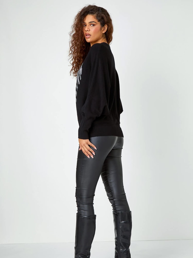 Roman Black Foil Heart Animal Print Batwing Jumper - Image 2 of 5 Roman Black Foil Heart Animal Print Batwing Jumper - Image 2 of 5