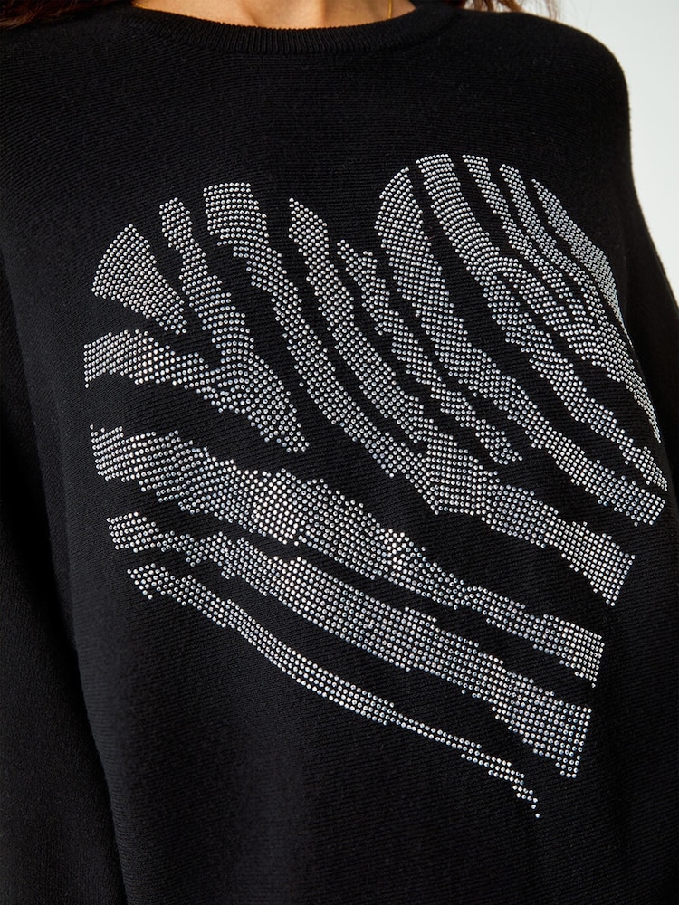 Roman Black Foil Heart Animal Print Batwing Jumper - Image 5 of 5 Roman Black Foil Heart Animal Print Batwing Jumper - Image 5 of 5