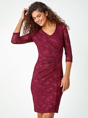 Roman Red Glitter Lace Ruched Shift Stretch Dress - Image 3 of 5