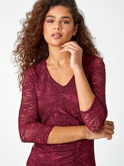 Roman Red Glitter Lace Ruched Shift Stretch Dress - Image 4 of 5