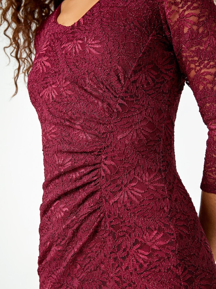 Roman Red Glitter Lace Ruched Shift Stretch Dress - Image 5 of 5