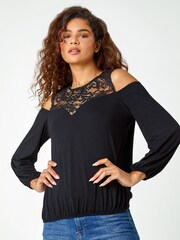 Roman Black Lace Yoke Cold Shoulder Top - Image 1 of 5
