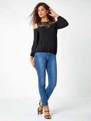 Roman Black Lace Yoke Cold Shoulder Top - Image 2 of 5