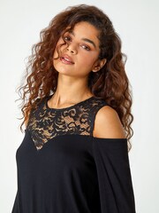 Roman Black Lace Yoke Cold Shoulder Top - Image 4 of 5